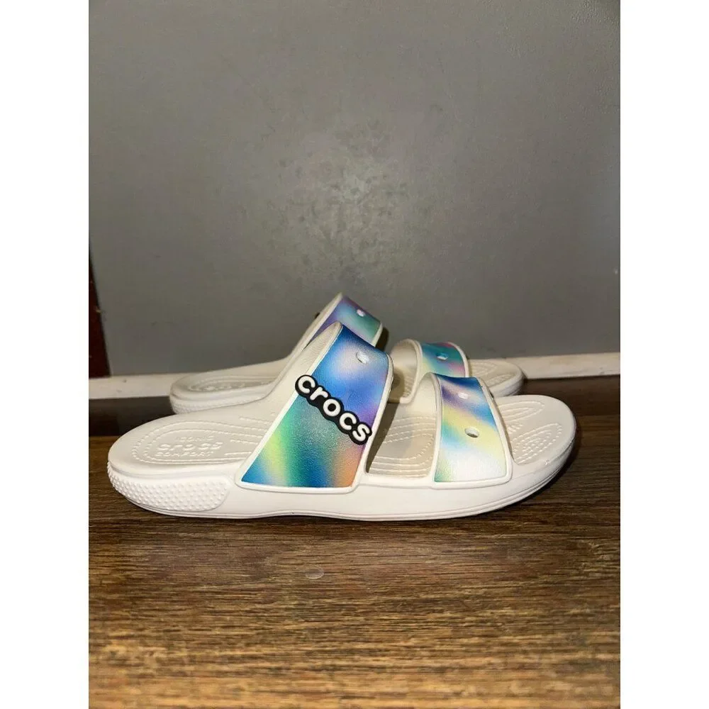 CROCS White Slide Sandals with Rainbow Gradient Straps